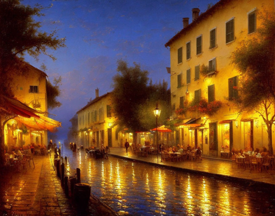 Cityscape: Evening on Cobbled Street with Illuminated Buildings and Outdoor Dining