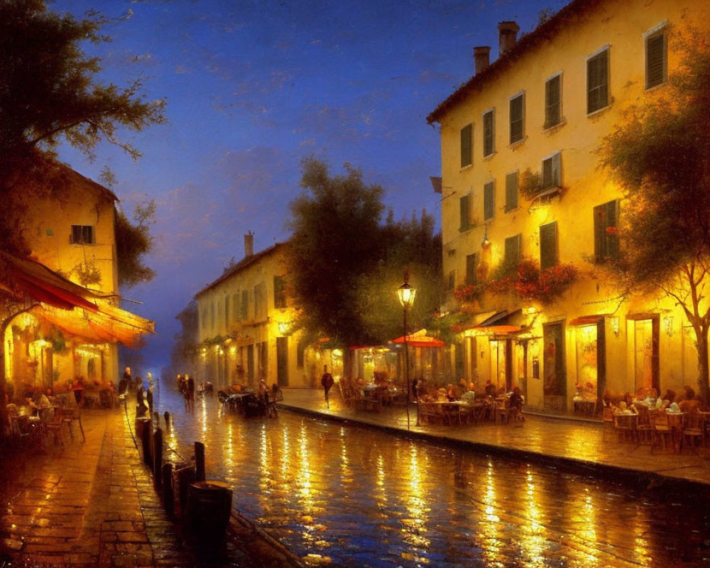 Cityscape: Evening on Cobbled Street with Illuminated Buildings and Outdoor Dining