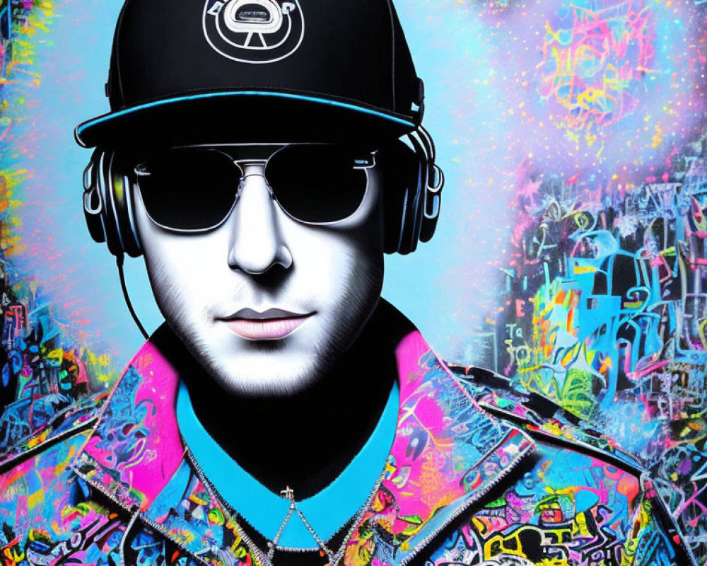 Colorful portrait of person in graffiti-themed jacket with cap, sunglasses, and headphones on vibrant background