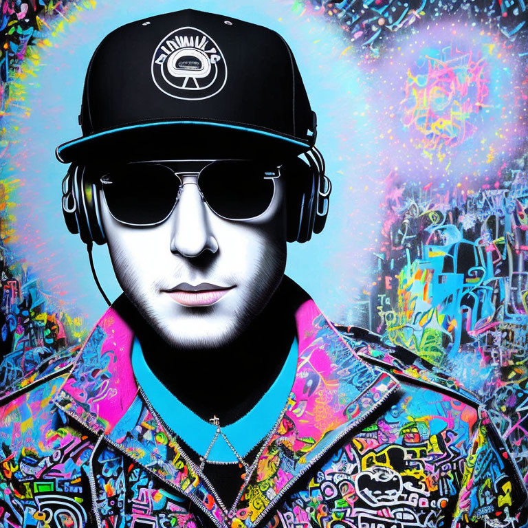 Colorful portrait of person in graffiti-themed jacket with cap, sunglasses, and headphones on vibrant background