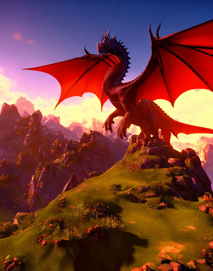 Majestic red dragon on green hill with mountains and sunset