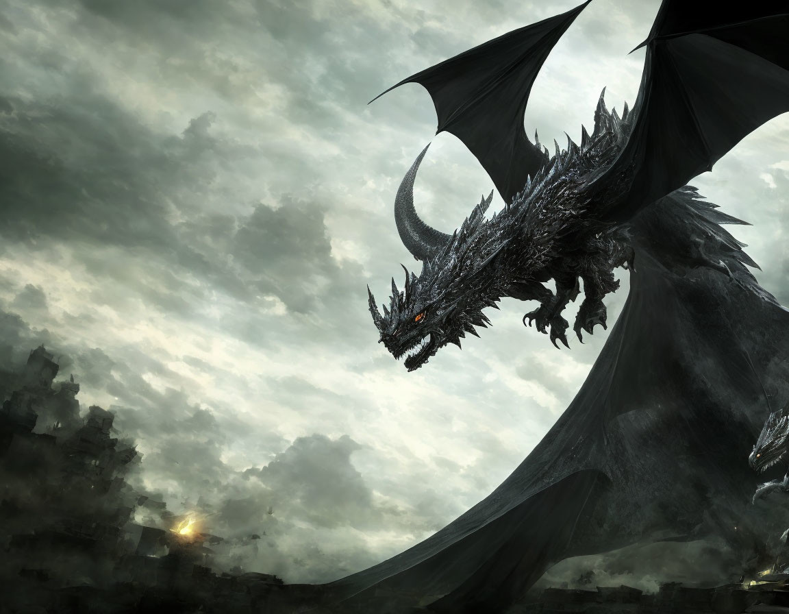 Black dragon with large wings and fiery orange eyes descending over crumbled landscape