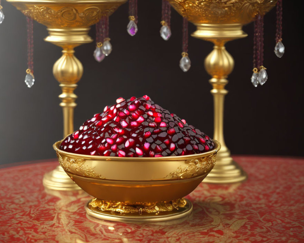 Golden bowl with pomegranate seeds on patterned surface with golden candlesticks