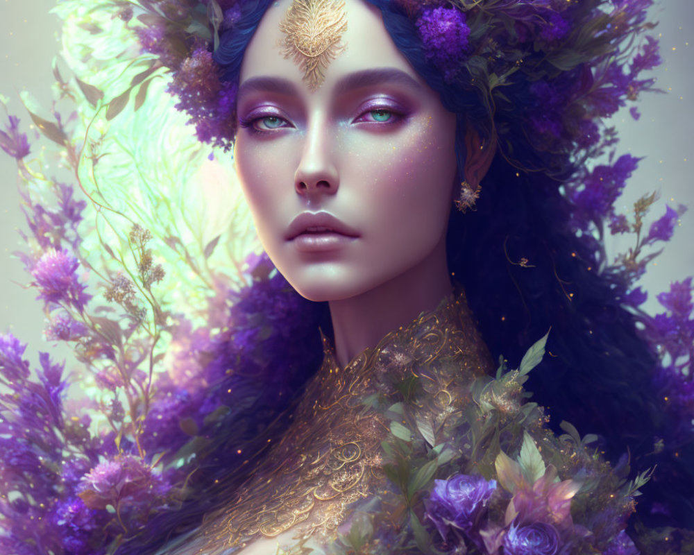 Fantastical Female Figure with Floral Headpiece in Purple Blooms