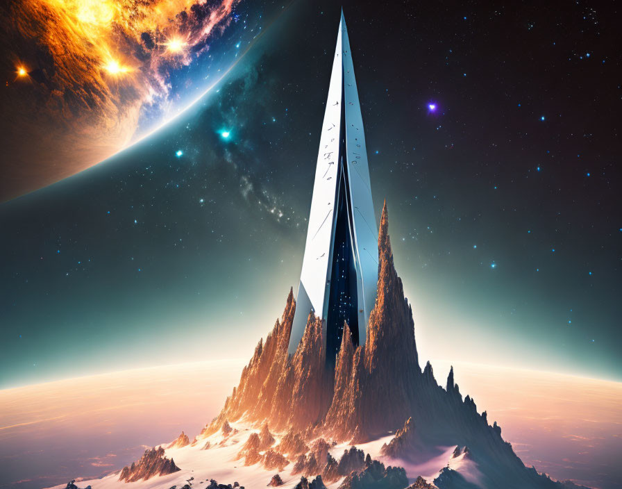 Towering futuristic spire on rocky planet with stars and sun.