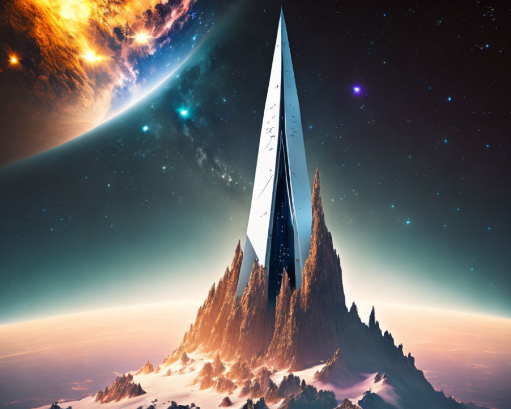 Towering futuristic spire on rocky planet with stars and sun.