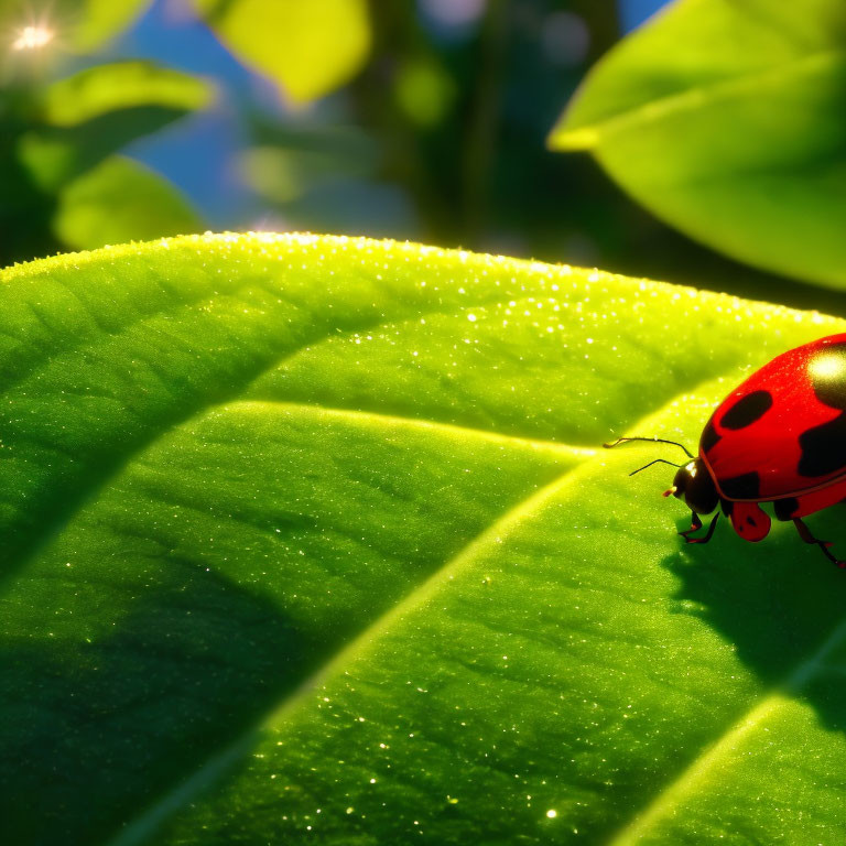 Red ladybug with black spots on green leaf under sunlight and water droplets