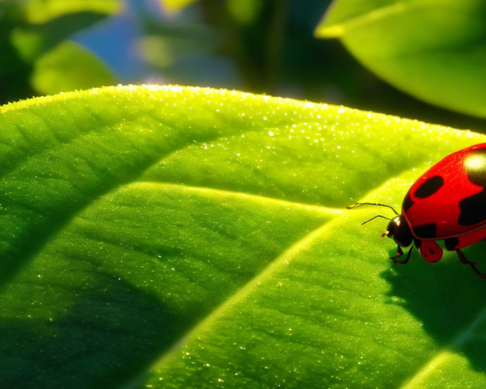 Red ladybug with black spots on green leaf under sunlight and water droplets