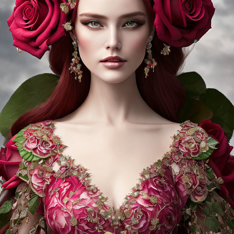 Red-haired woman with rose-adorned hair and green eyes in a dress with rose and golden embroidery