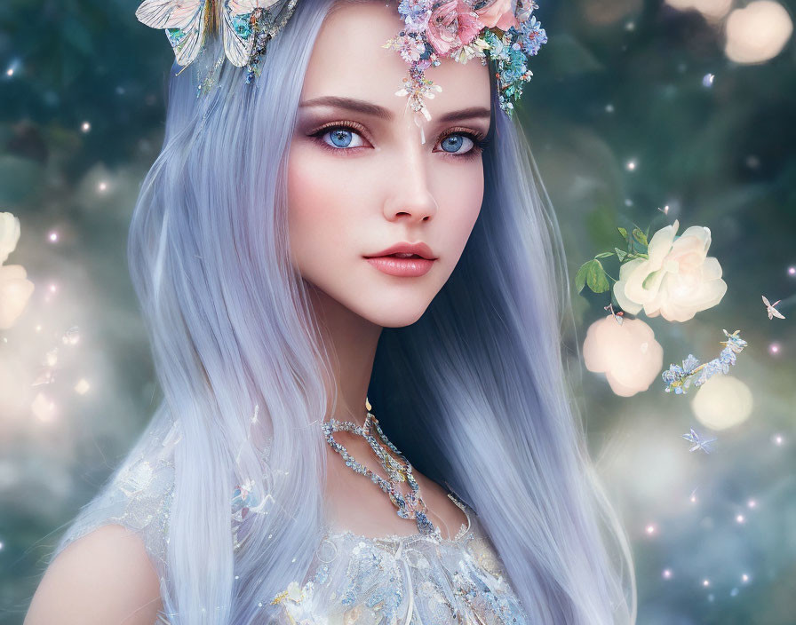 Digital artwork: Woman with pastel purple hair, blue eyes, floral headpiece, in glowing forest