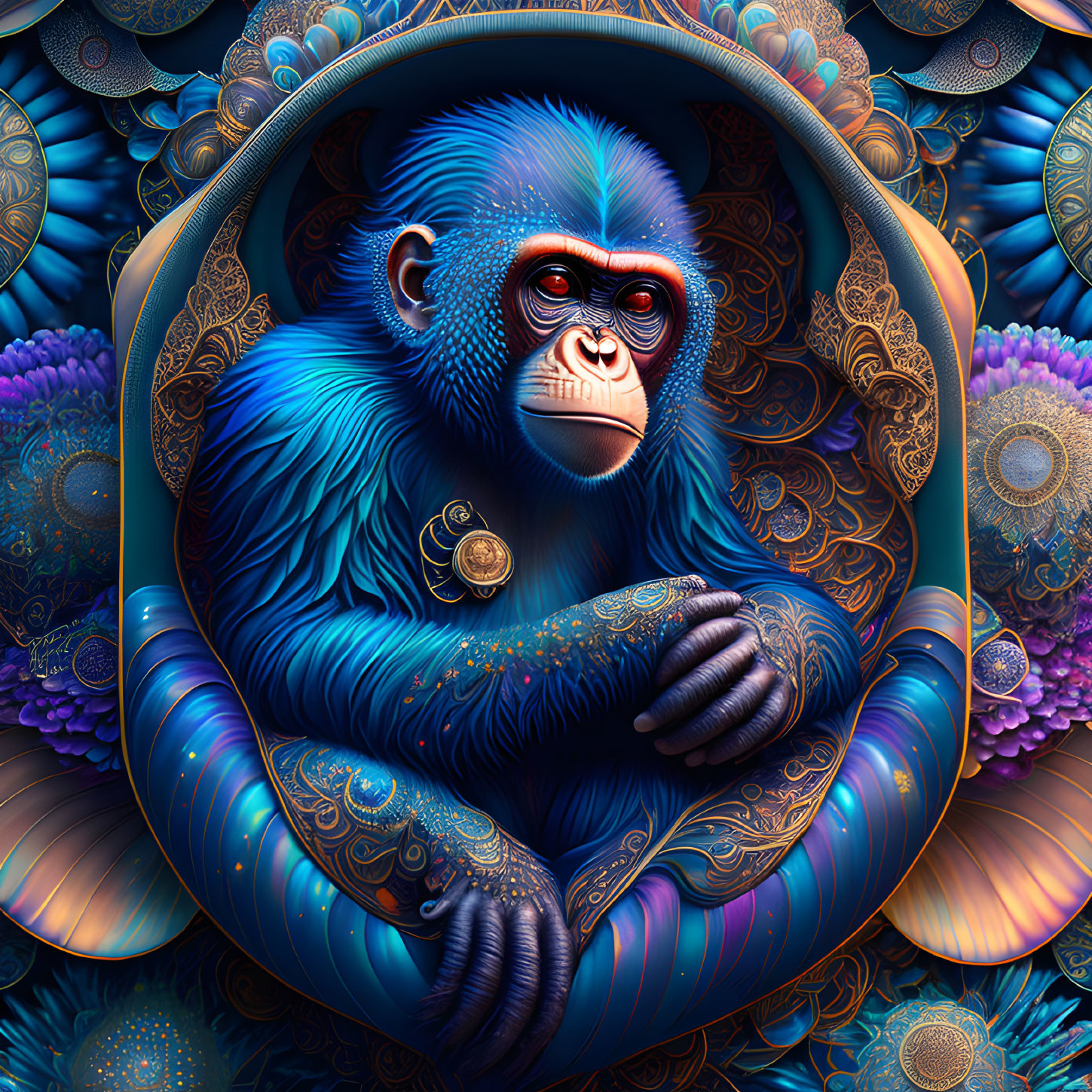 Colorful Surreal Illustration of Blue Monkey with Intricate Fur Pattern