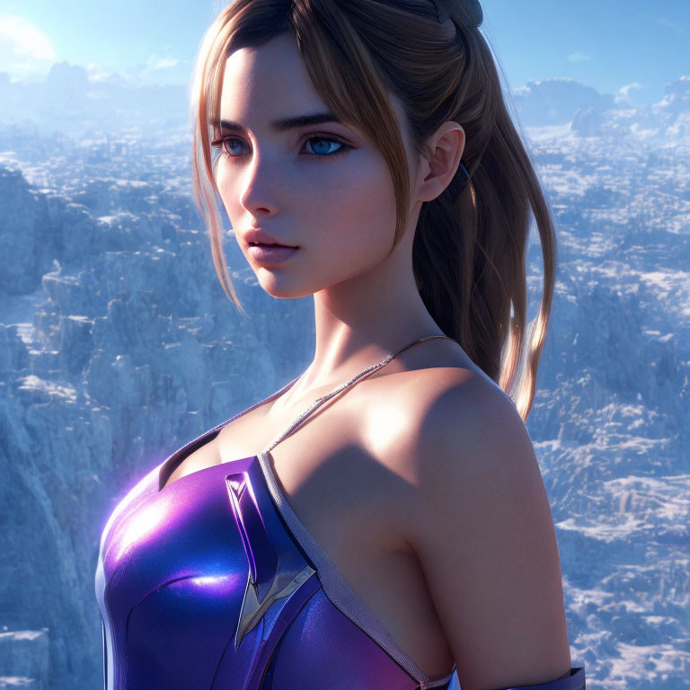 Blonde Female Character in Purple Outfit on Mountainous Background