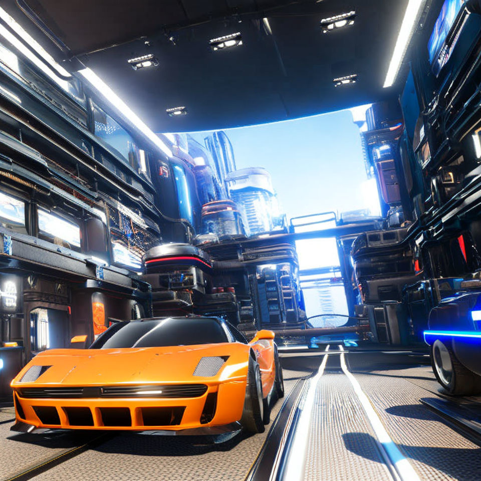 Orange sports car in futuristic city with skyscrapers and blue lights.