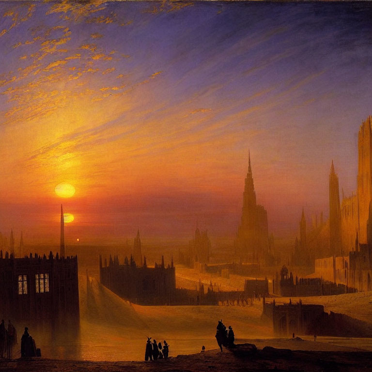 Dramatic sunset painting with radiant sky over Gothic architecture and silhouetted figures