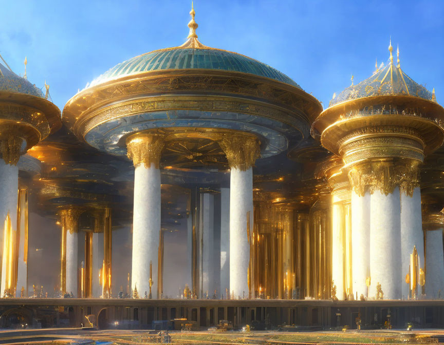 Luxurious golden palace with towering columns and ornate domes against a clear blue sky