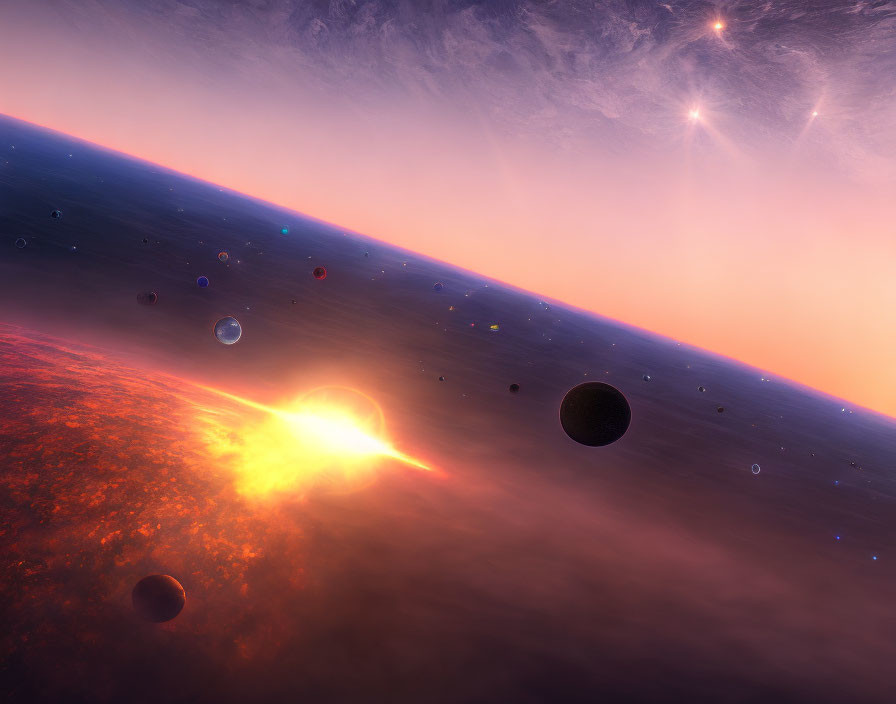 Vibrant cosmic scene with planets, stars, and glowing comet