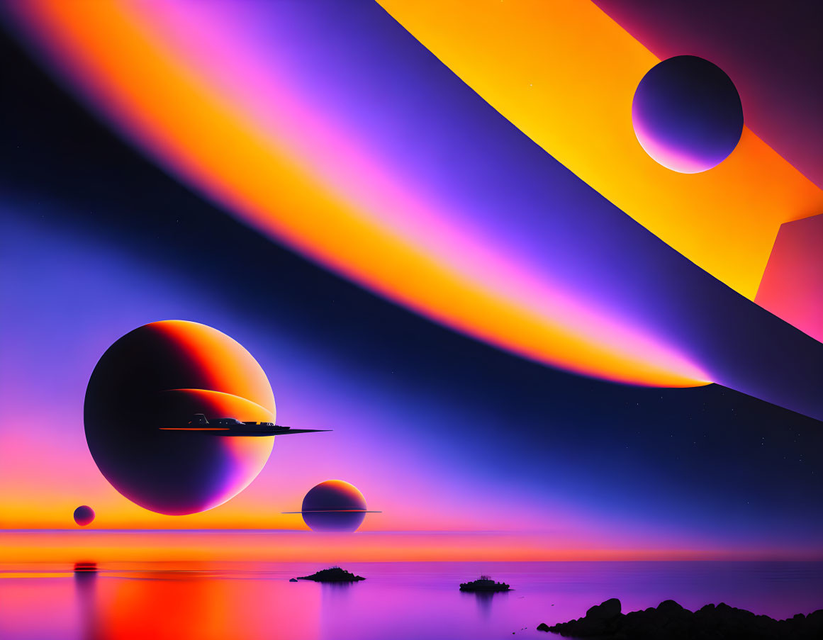 Colorful Striped Sky Sci-Fi Landscape with Planets and Silhouetted Ships