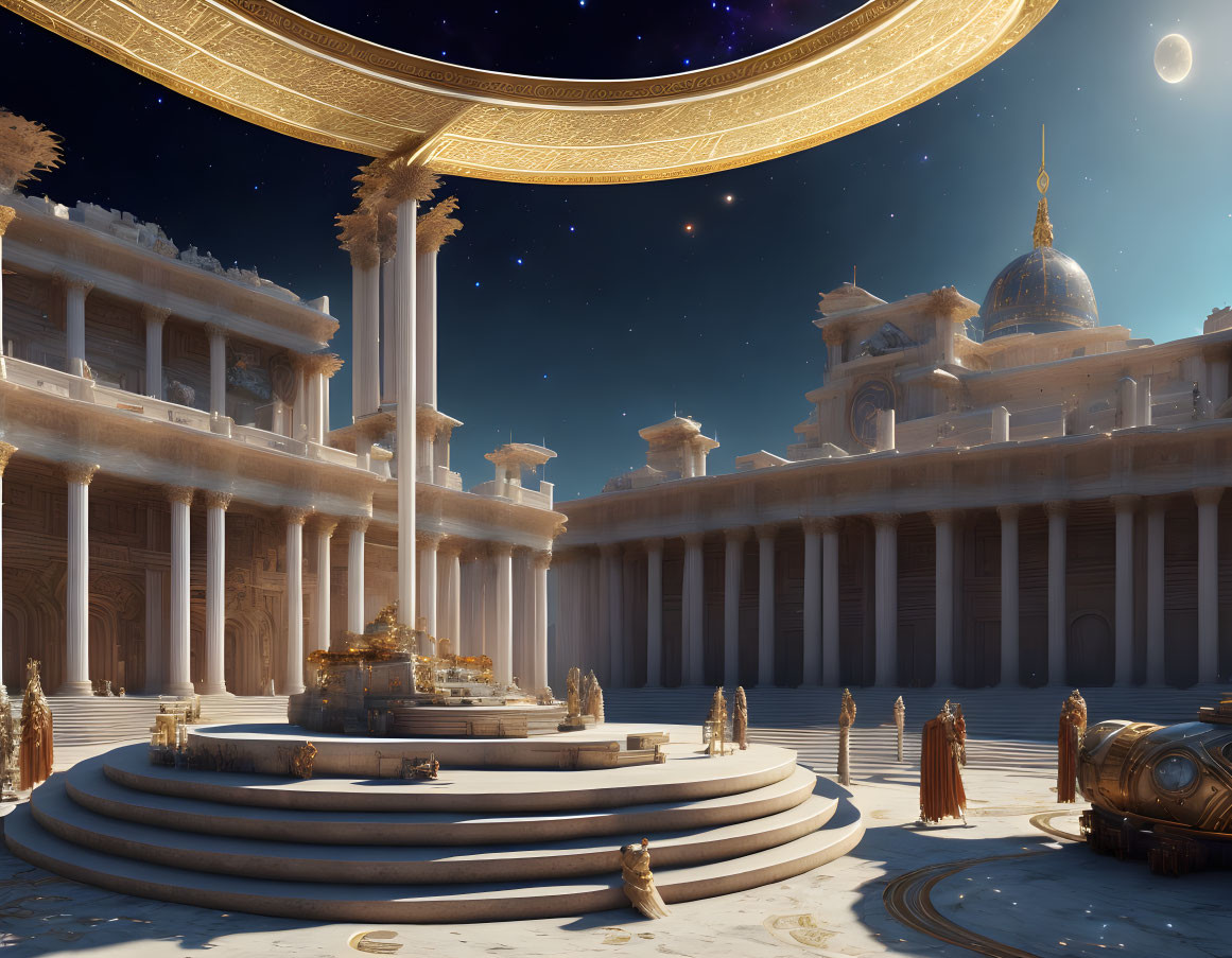 Majestic sci-fi palace with towering columns and golden ring under starry sky