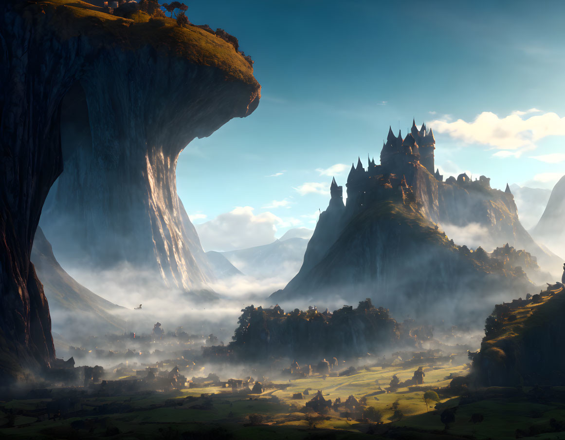 Fantasy landscape with towering rocks, castle on hill, and sunlit valley