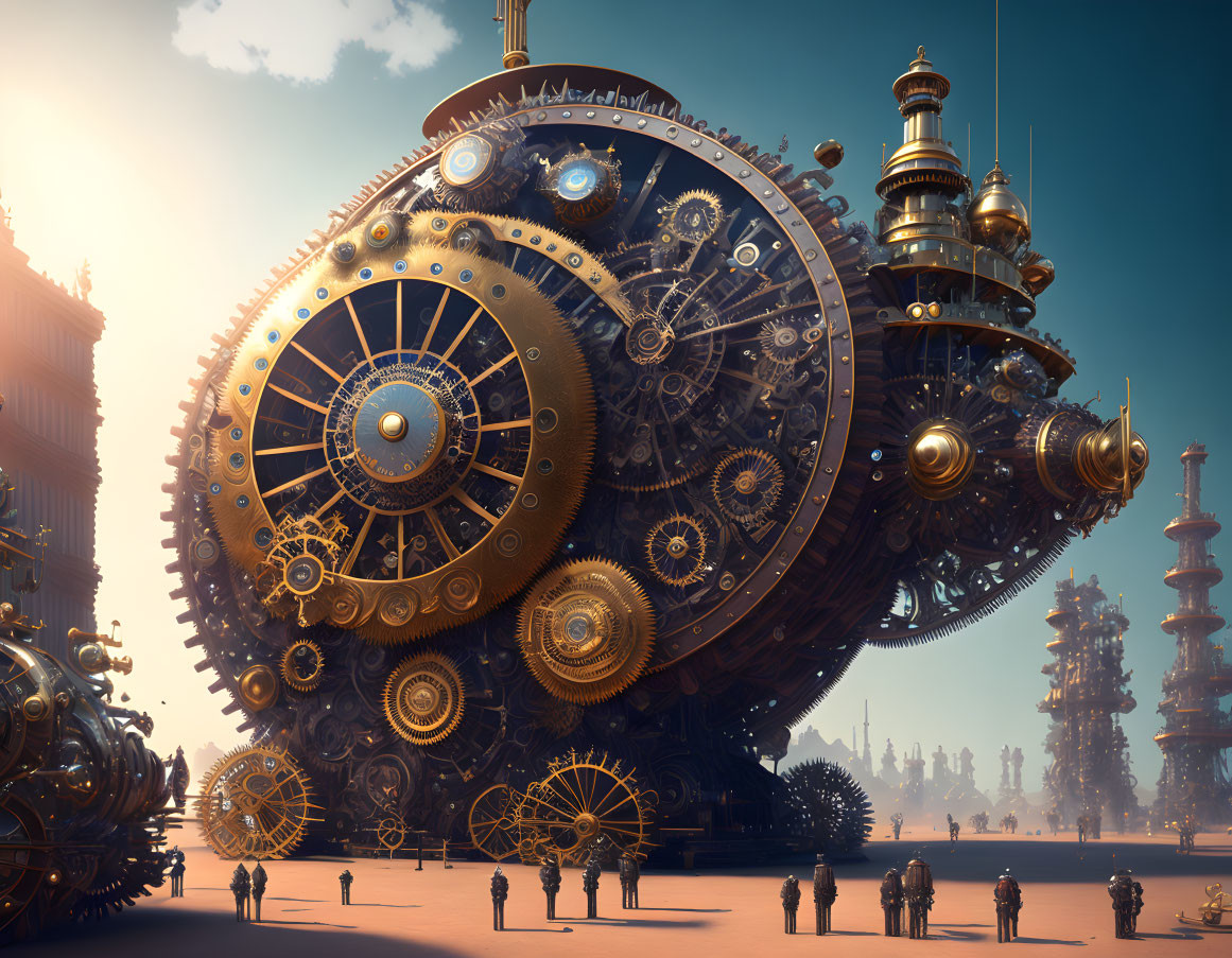 Detailed Steampunk Cityscape with Clockwork Structures and Tiny Figures