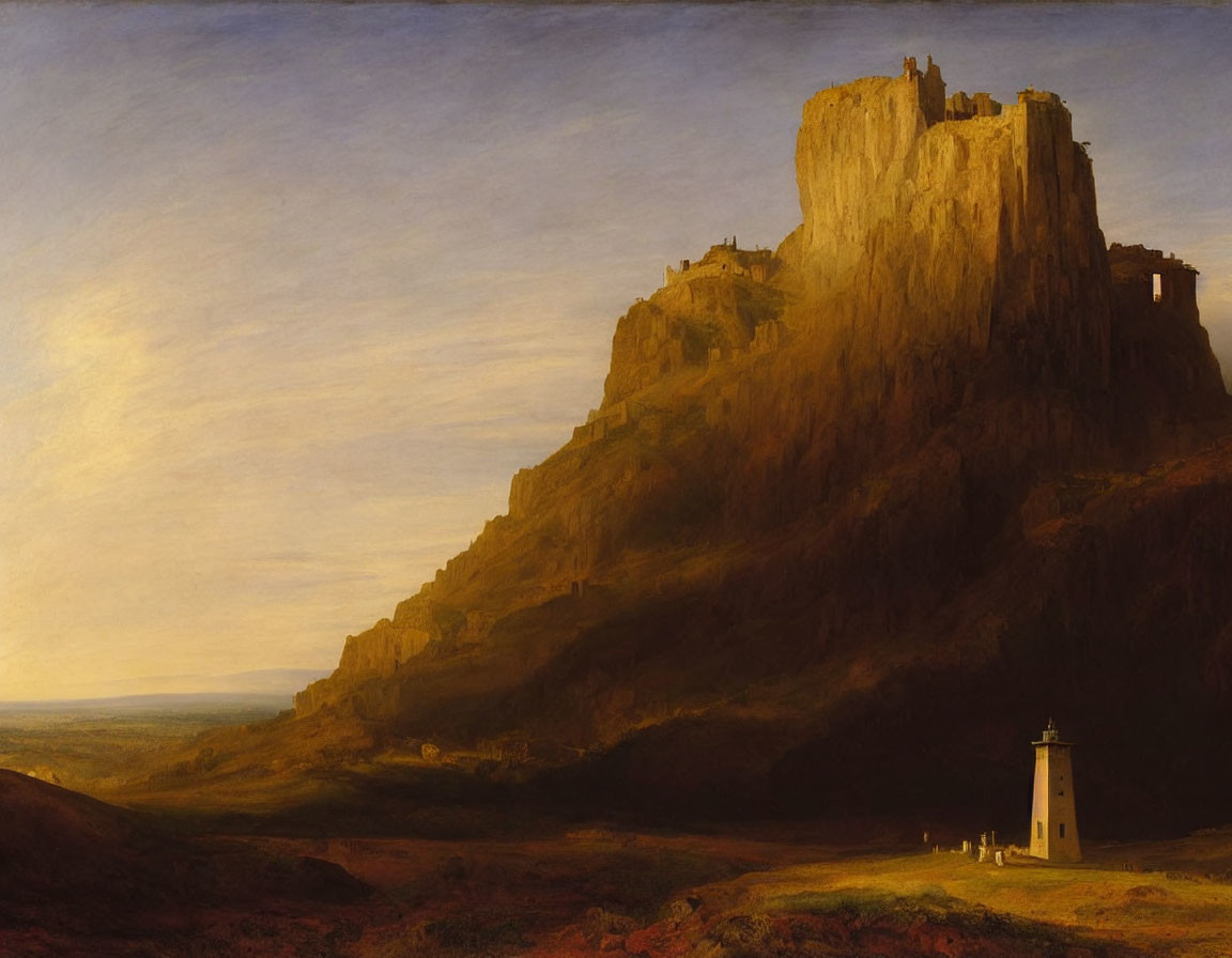 Majestic castle on rugged cliff with lighthouse under dramatic dusk sky