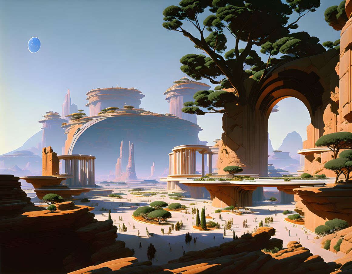 Fantastical landscape with towering rock formations and alien vegetation