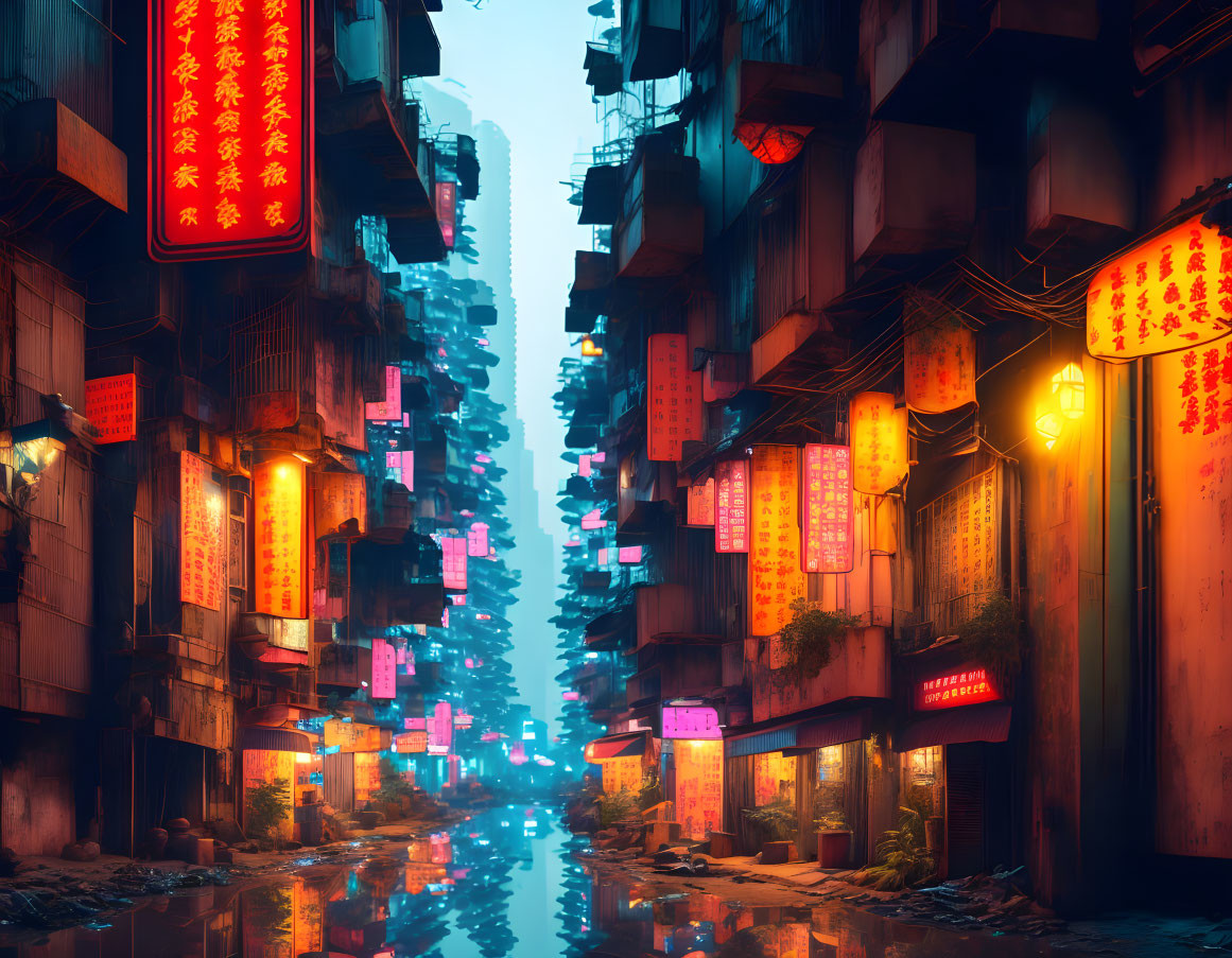 Urban alley with tall buildings and red lanterns reflected in water under twilight sky