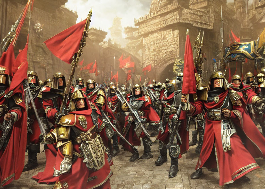 Armored knights with red capes in medieval fortress setting