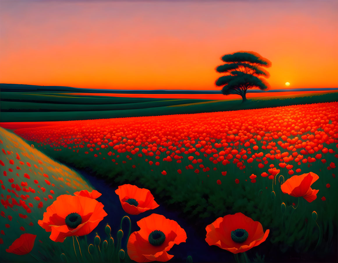 Scenic sunset landscape with lone tree, red poppies, and green hills