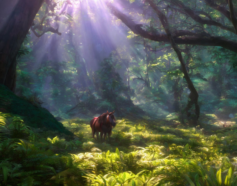 Serene forest clearing with solitary horse and ethereal light