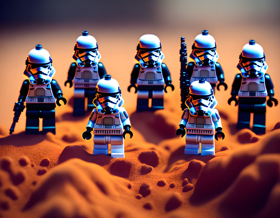 Futuristic soldier toy figures on alien desert terrain under warm light