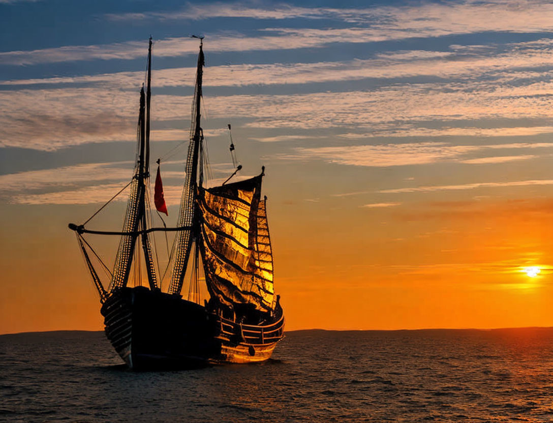 Two-masted sailboat at sunset over calm sea