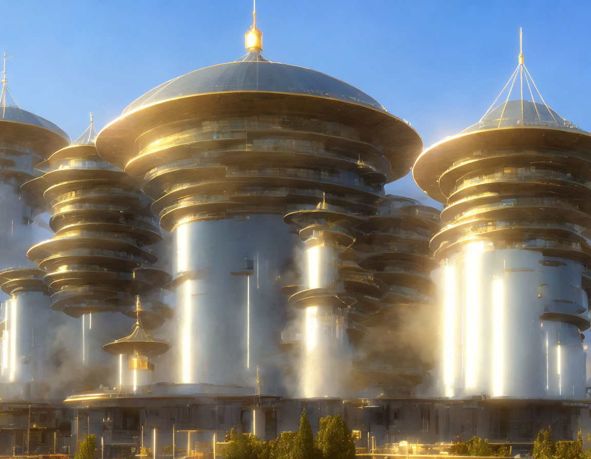 Modern architecture: Disc-shaped levels in misty setting.