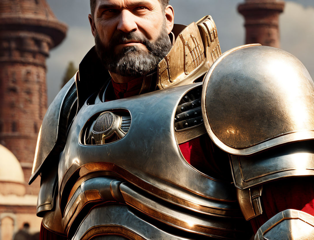 Bearded warrior in detailed armor against ancient castle backdrop