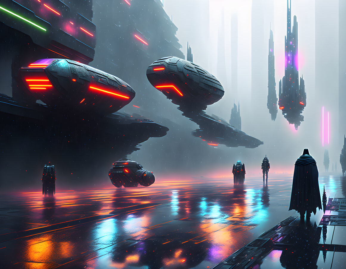 Futuristic cityscape with hovering spaceships and cloaked figure under neon-lit sky