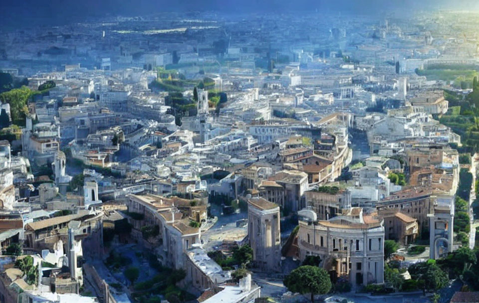 Historic dense cityscape with ancient buildings and ruins by river under blue sky