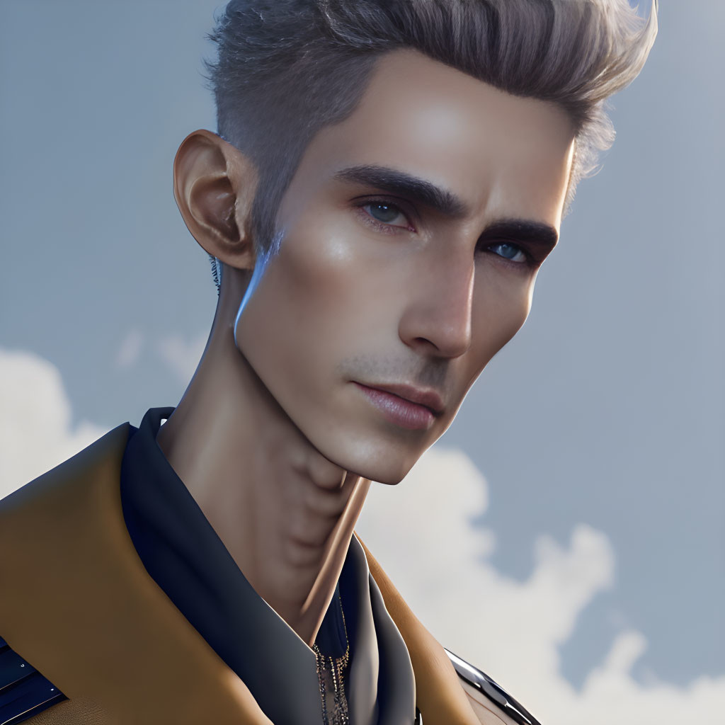 Detailed 3D illustration of a man with grey hair and blue eyes in a jacket, set against