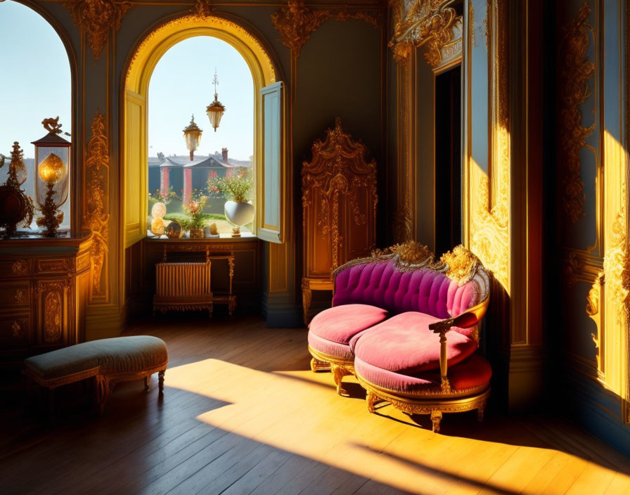 Luxurious golden room with pink couch and sunlight streaming in