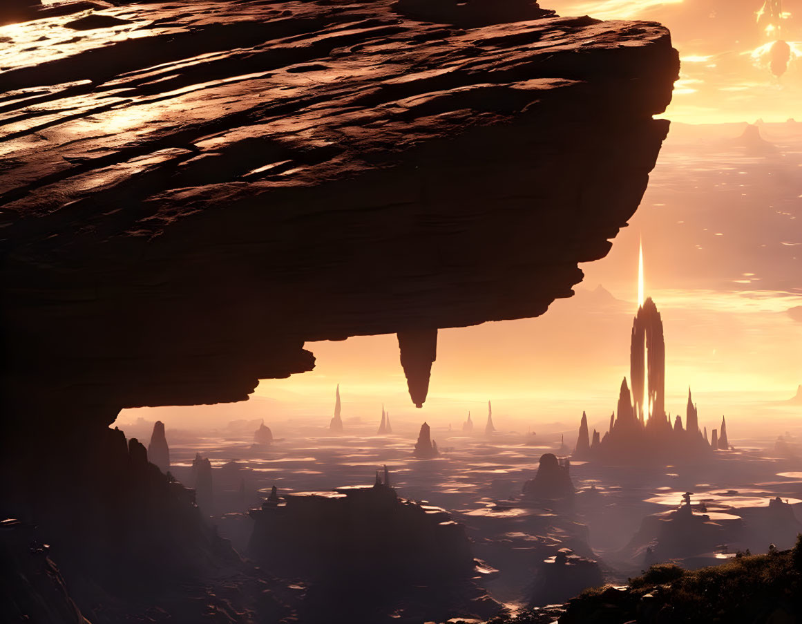 Surreal floating rock formations in orange sky