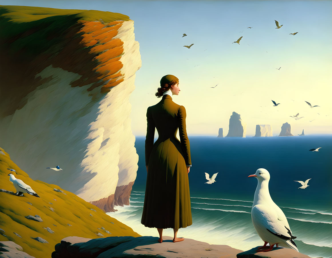 Vintage-clad woman on cliff overlooking sea with seagulls and rock formations.