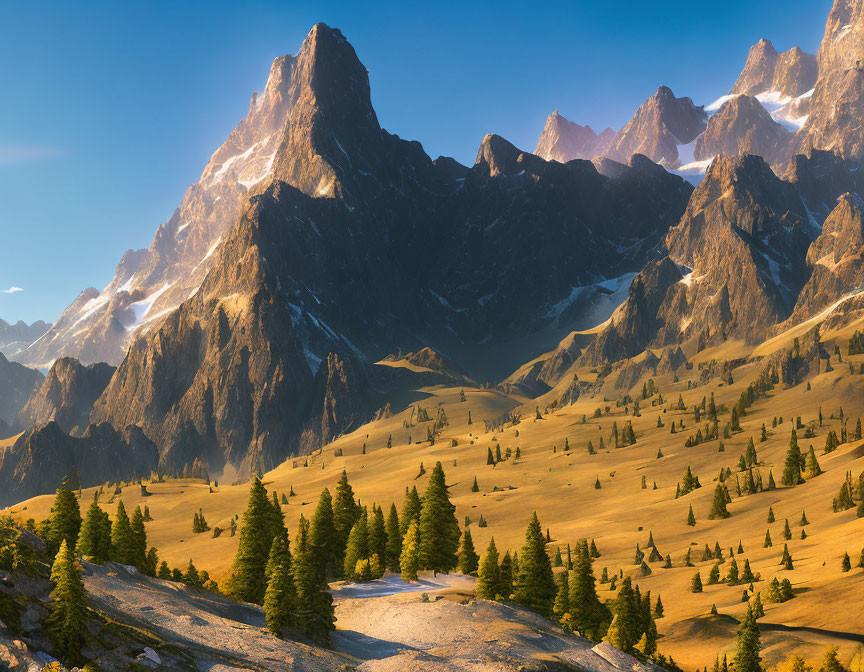 Scenic Alpine Landscape with Rugged Peaks and Conifers