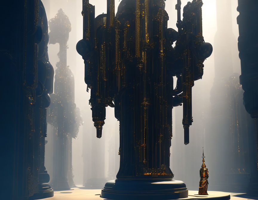 Intricate golden structure in foggy space with towering columns