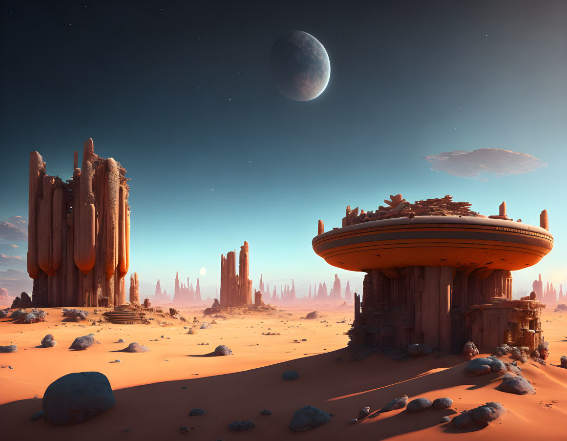 Futuristic desert landscape with towering rock formations and hovering circular structure under large moon and blue sky