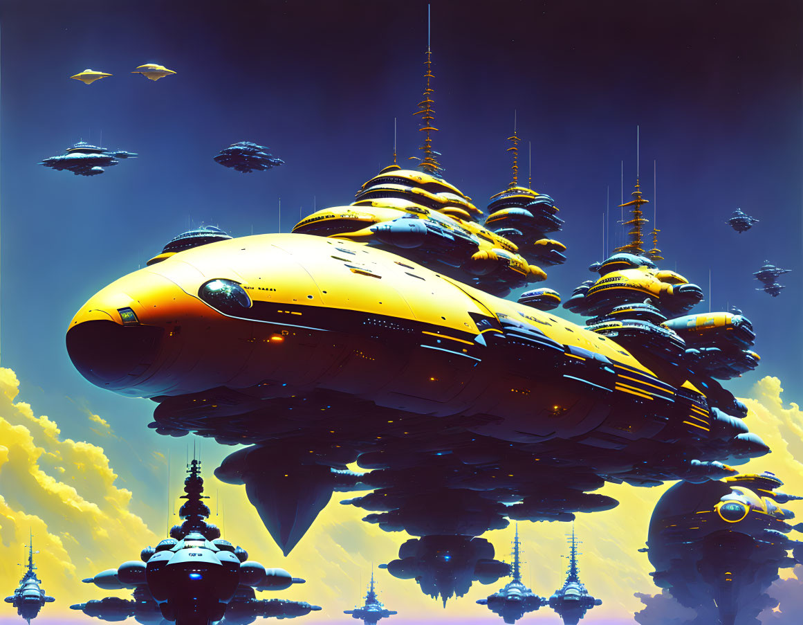 Yellow and Black Spaceships Among Amber Sky and Towers