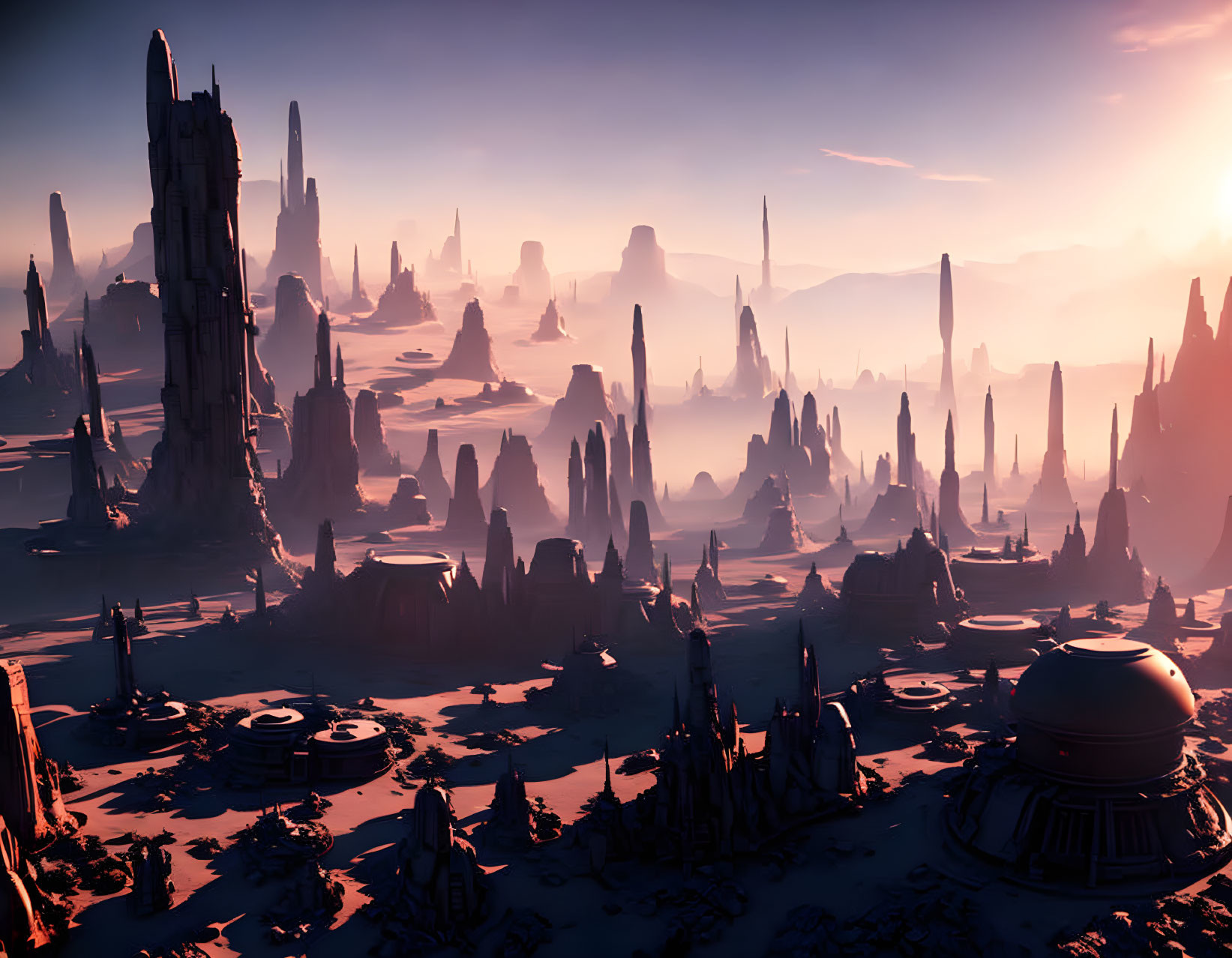 Futuristic sunset landscape with tall spires, rocks, and dome in desert