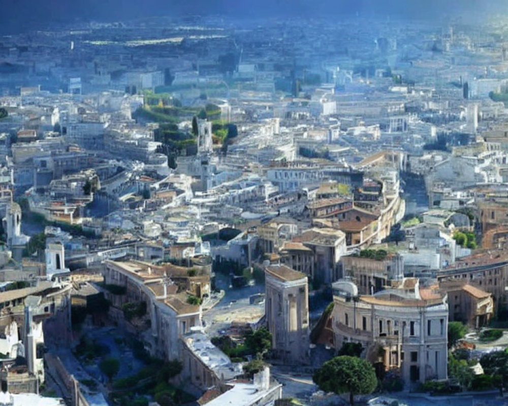 Historic dense cityscape with ancient buildings and ruins by river under blue sky