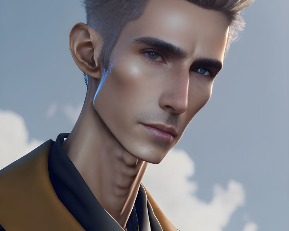 Detailed 3D illustration of a man with grey hair and blue eyes in a jacket, set against