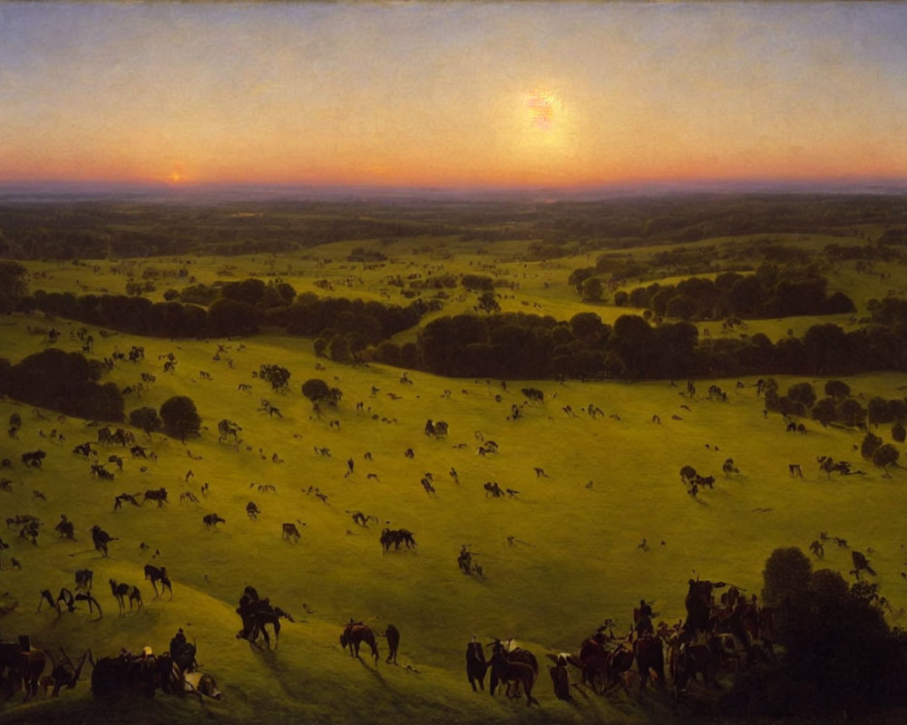 Rural sunset landscape with cattle grazing and figures on horseback