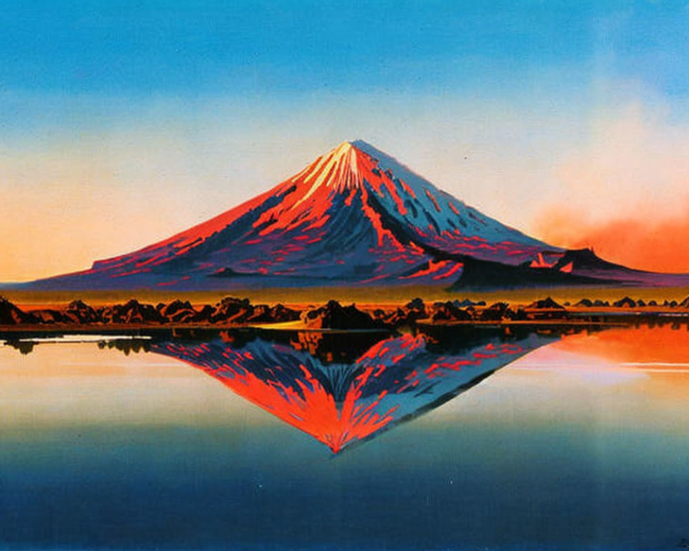 Mountain painting with red and orange peak reflected in water at sunset