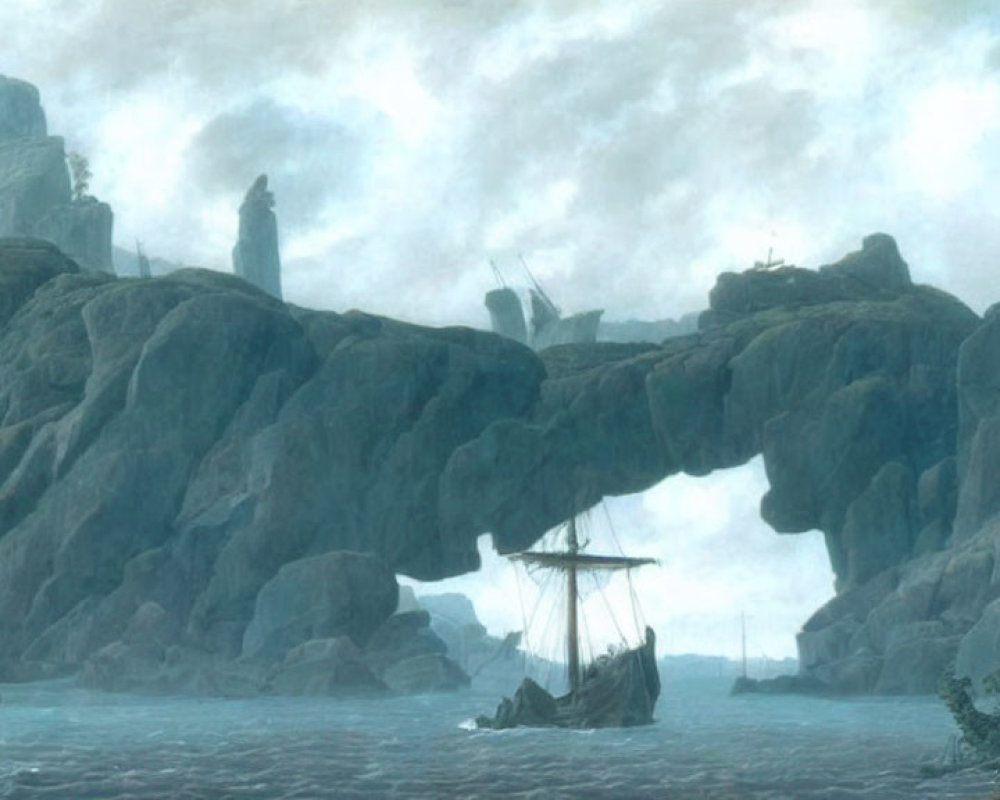 Sailing ship passing through rocky arch in serene sea surrounded by misty cliffs and statue